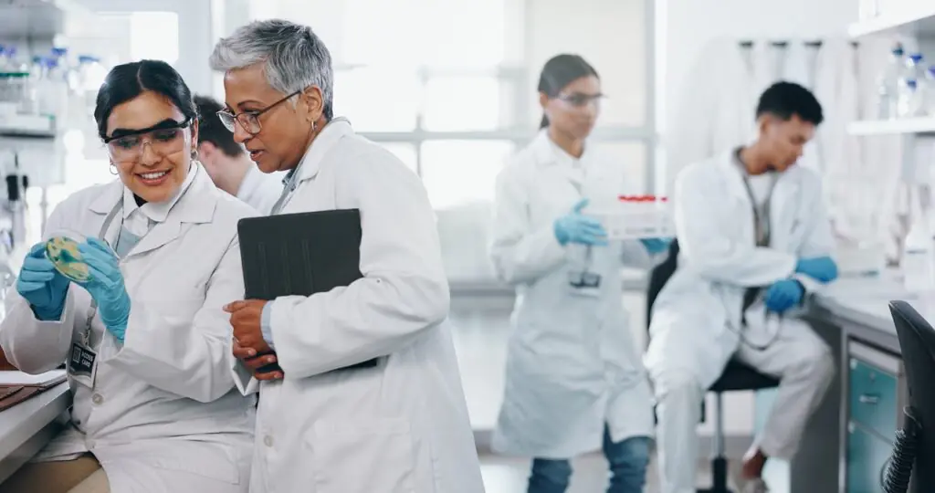 Healthcare IT director reviewing laboratory interoperability stack diagram showing HL7, FHIR, HIE, and Lane secure fax integration with LIS and EHR systems