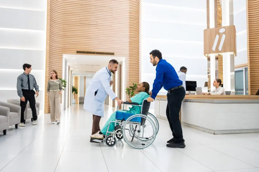 A discharge planner faxing a referral packet to a skilled nursing facility