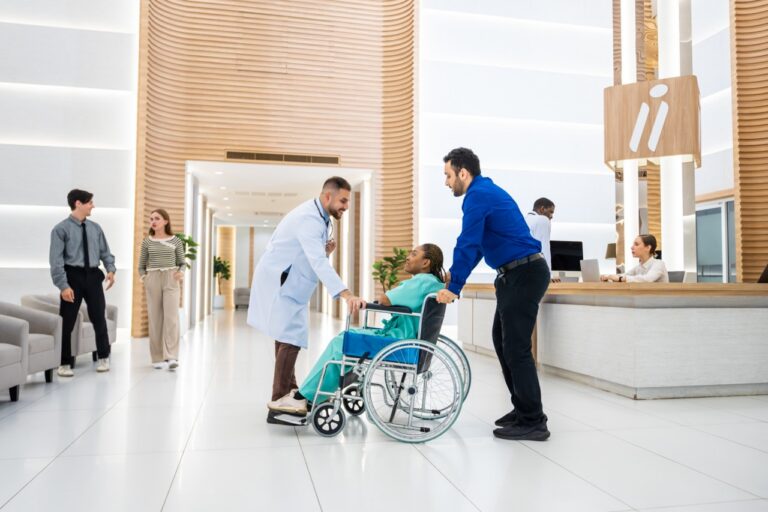 A discharge planner faxing a referral packet to a skilled nursing facility